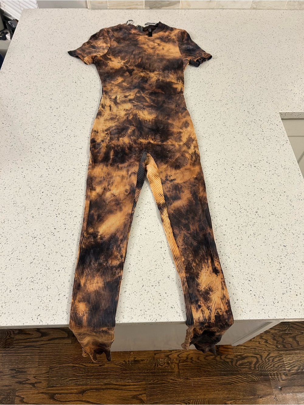 Akira: Tie-Dye Ribbed Short-Sleeve Jumpsuit in Brown and Black
